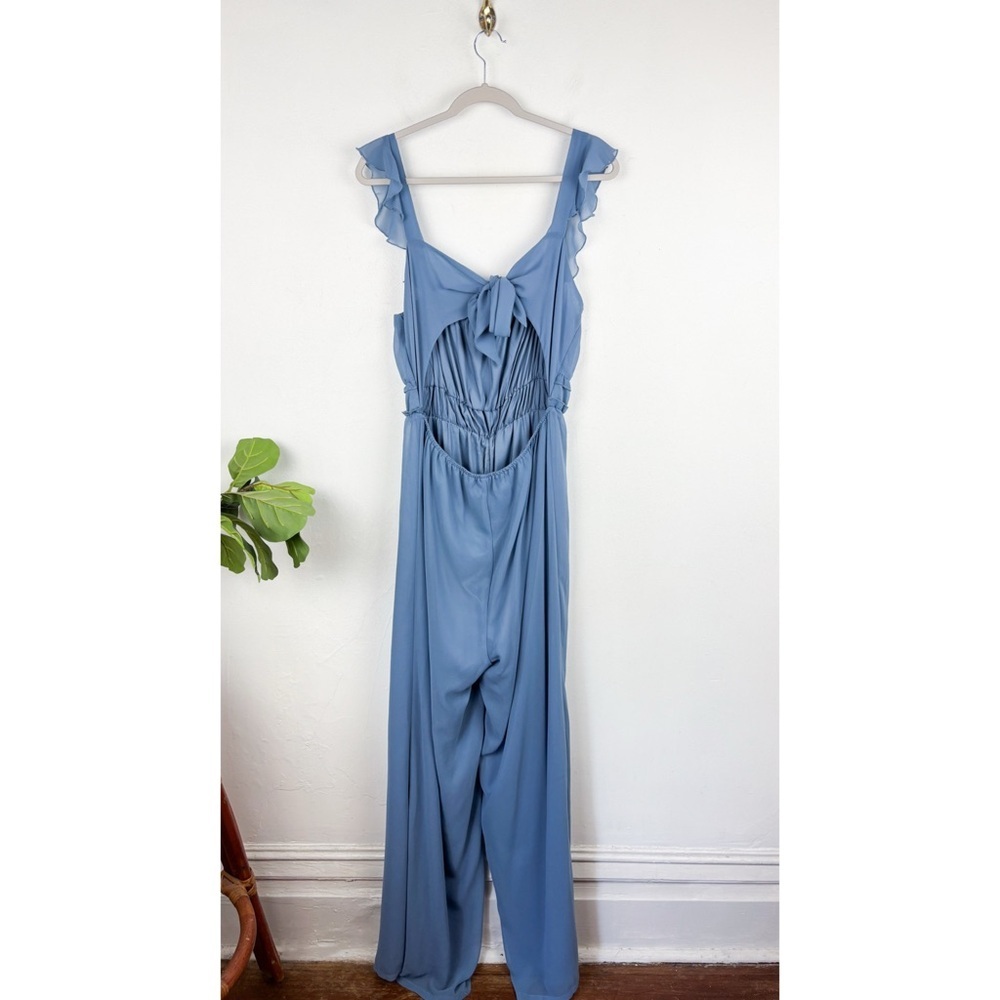 Lulu’s Stun with Elegance Slate Blue Ruffled Tie-Back Wide-Leg Jumpsuit Sz L - Picture 4 of 11